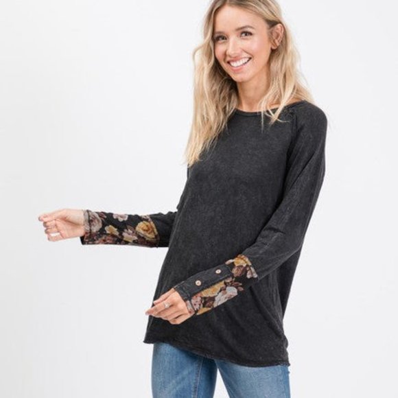 Mineral Wash Long-Sleeve With Floral & Button Detail on Sleeve - Picture 3 of 9